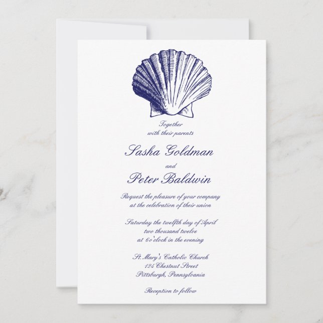 Faire-part de mariage de la marine Blue Sea Shells (Devant)