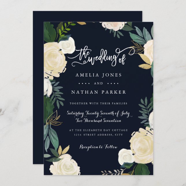 Faire-part de mariage de la marine botanique moder (Devant / Derrière)