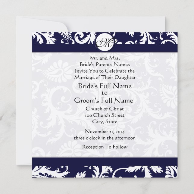 Faire-part de mariage de la Marine Damask Swils (Devant)