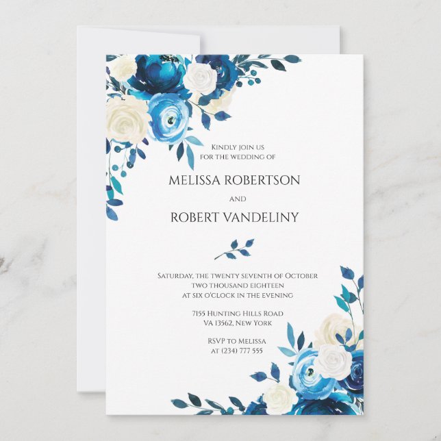 Faire-part de mariage de la marine Roses bleus (Devant)