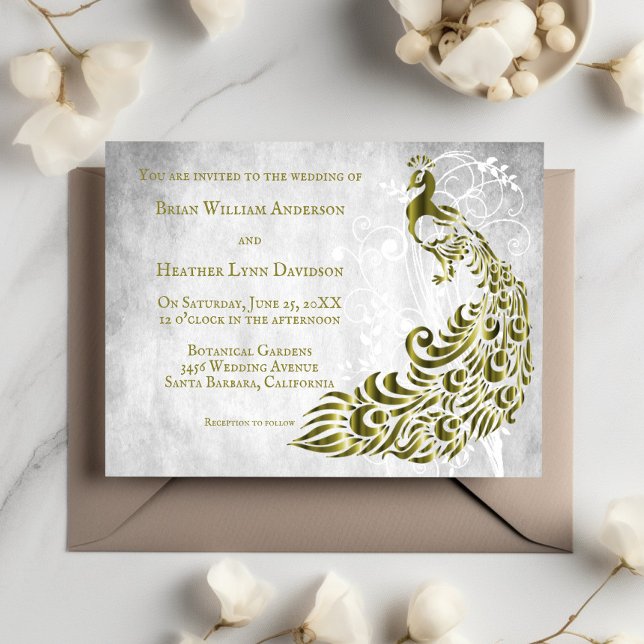 Faire-part de mariage de la vigne à feuilles d'or (Gold Peacock Leaf Vine Wedding Invitation)