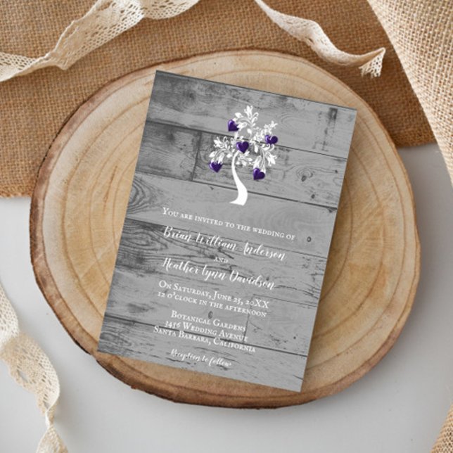 Faire-part de mariage de l'arbre pourpre des coeur (Purple Tree of Hearts Wedding Invitation)