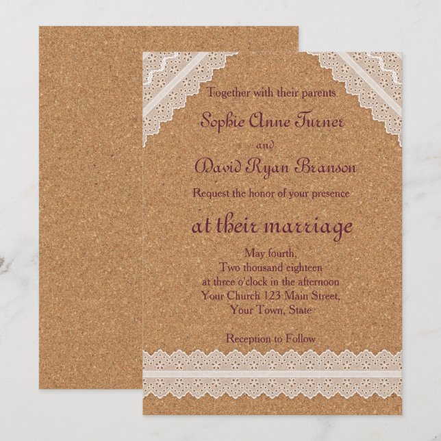 Faire-part de mariage de liège à vin en dentelle v (Devant / Derrière)