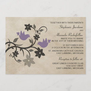 Faire-part de mariage de Lovebirds floraux pourpre