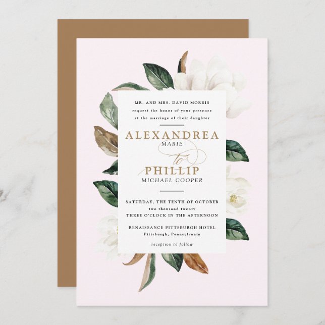 Faire-part de mariage de Magnolia| Rose pâle (Devant / Derrière)