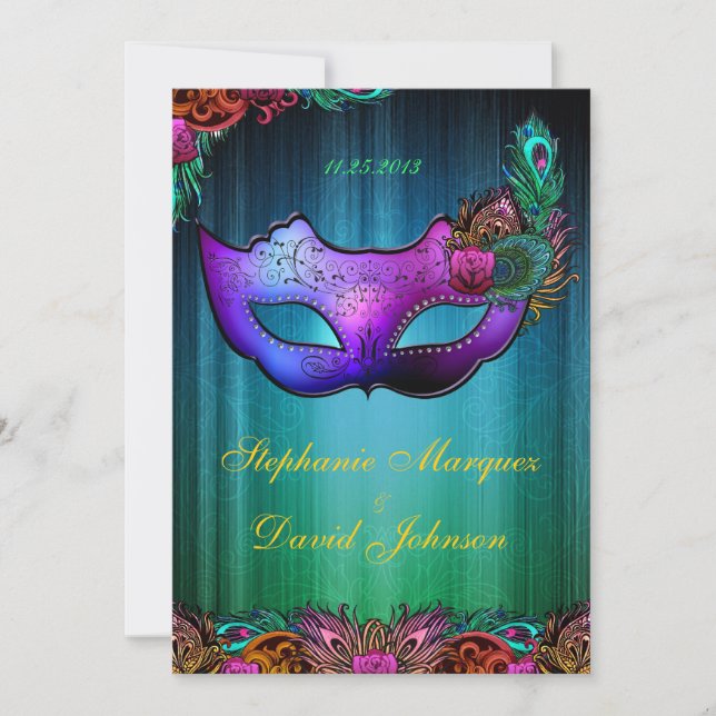 Faire-part de mariage de masque de paon de (Devant)