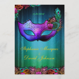 Faire-part de mariage de masque de paon de
