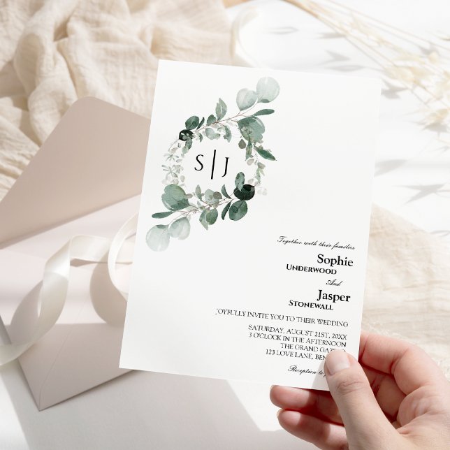 Faire-part de mariage de Monogramme blanc vert mod (Créateur téléchargé)