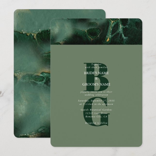 Faire-part de mariage de Monogramme de marbre vert (Devant / Derrière)