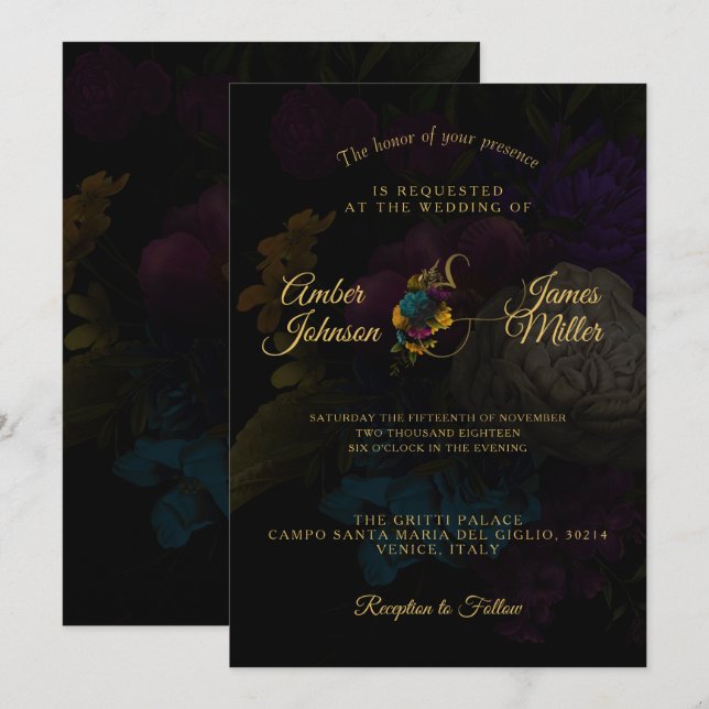 Faire-part de mariage de monogramme floral foncé (Devant / Derrière)