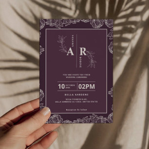 Faire-part de mariage de monogramme floral pourpre