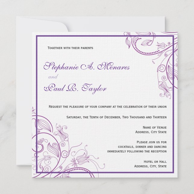 Faire-part de mariage de monogramme pourpre (Devant)