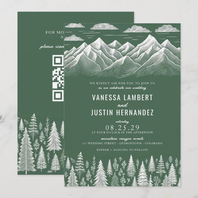 Faire-part de mariage de montagne verte avec code  (Devant / Derrière)