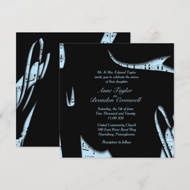 Faire-part de mariage de musique Abstraite bleu po (Devant / Derrière)