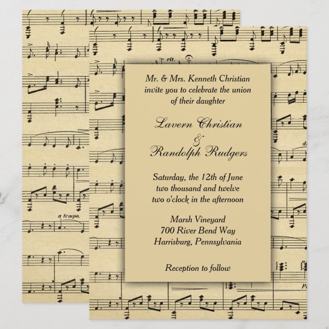 Faire-part de mariage de musique feuille (Devant / Derrière)