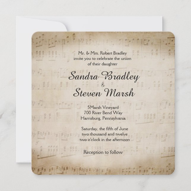 Faire-part de mariage de musique feuille (Devant)