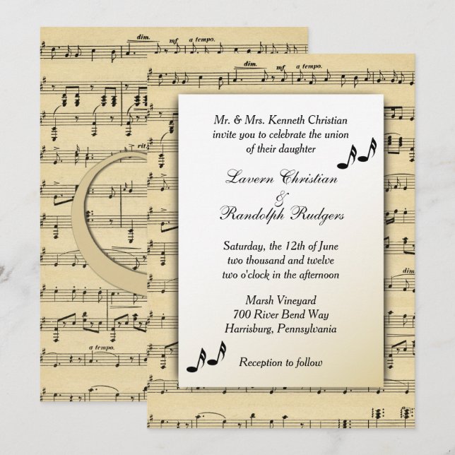 Faire-part de mariage de musique feuille (Devant / Derrière)
