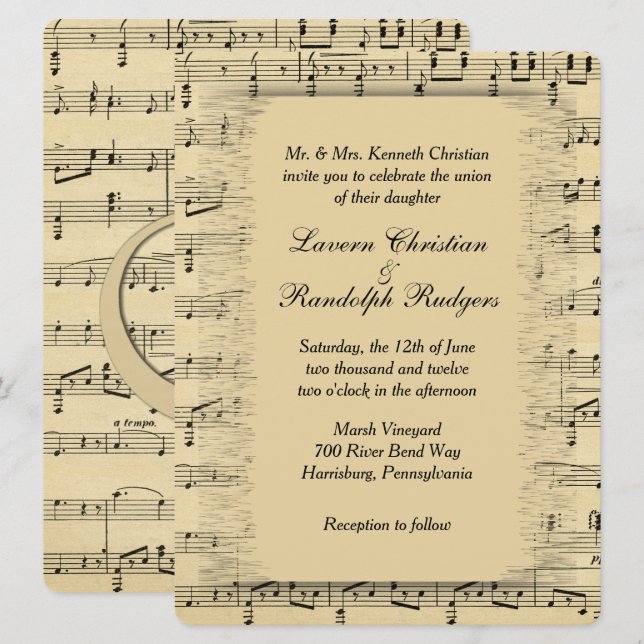 Faire-part de mariage de musique feuille (Devant / Derrière)