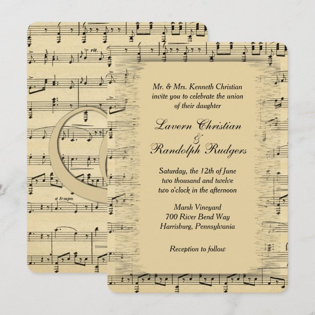 Faire-part de mariage de musique feuille (Devant / Derrière)