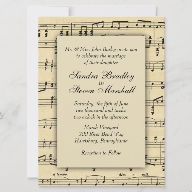 Faire-part de mariage de musique feuille (Devant)