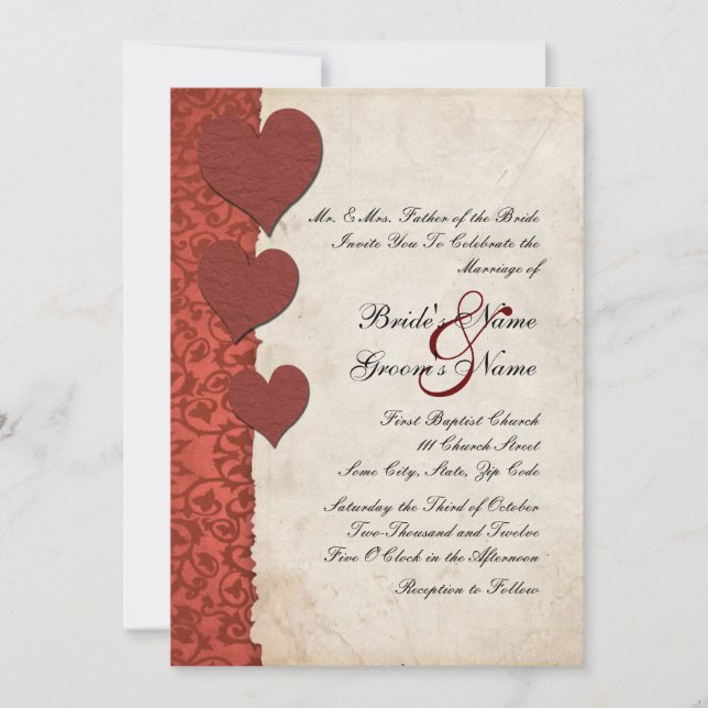 Faire-part de mariage de papier déchiré des Coeurs (Devant)