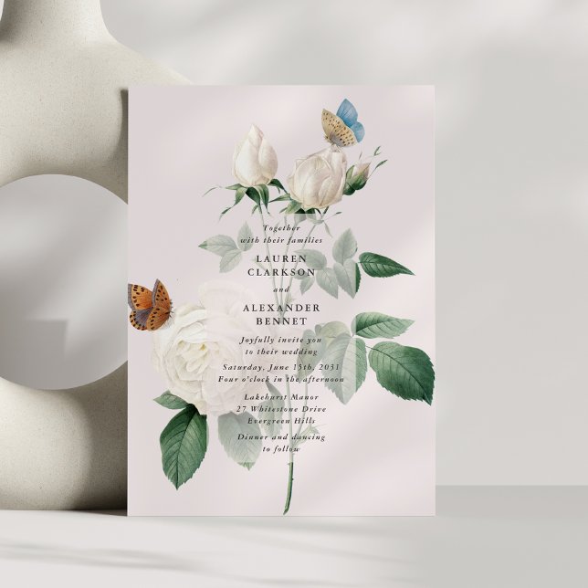 Faire-part de mariage de papillon de rose blanche (Créateur téléchargé)