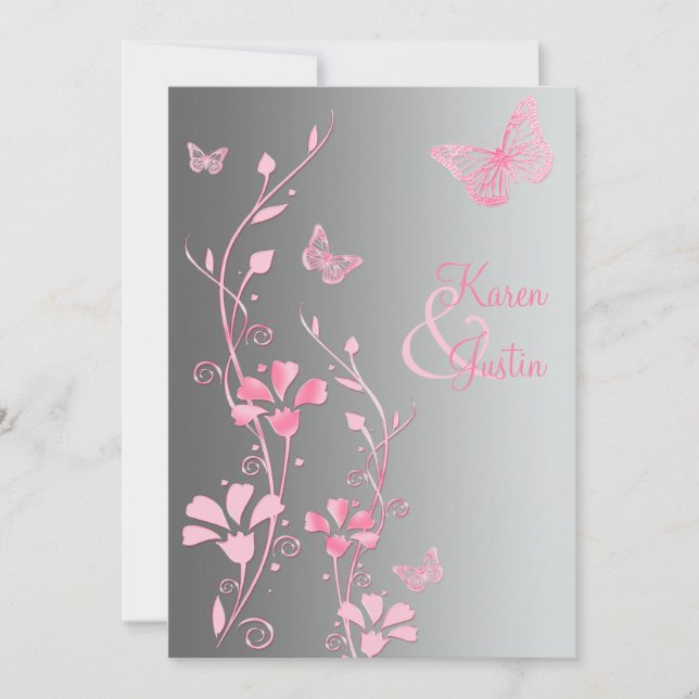 Faire-part de mariage de papillons argentés et ros (Devant)