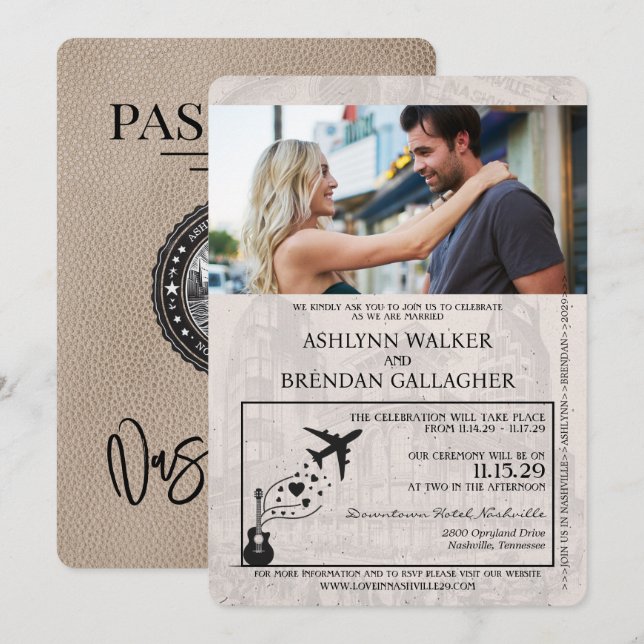 Faire-part de mariage de passeport beige Nashville (Devant / Derrière)