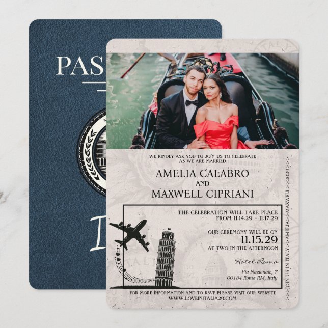 Faire-part de mariage de passeport bleu Italie de  (Devant / Derrière)