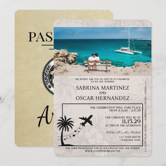 Faire-part de mariage de passeport Champagne Aruba (Devant / Derrière)