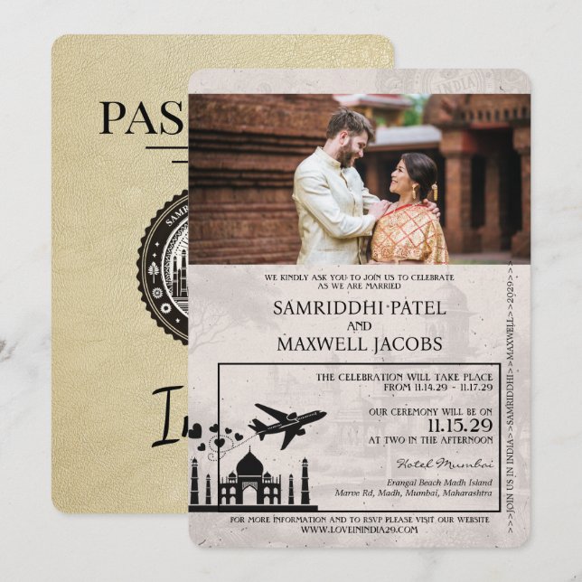 Faire-part de mariage de passeport Champagne Inde (Devant / Derrière)