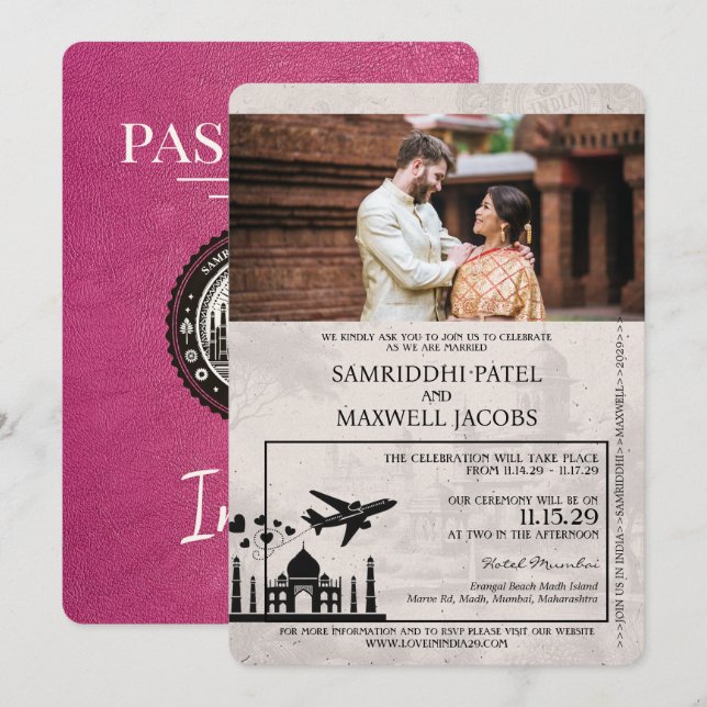 Faire-part de mariage de passeport de l'Inde rose  (Devant / Derrière)