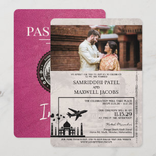 Faire-part de mariage de passeport de l'Inde rose