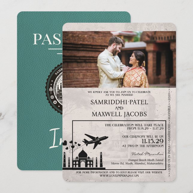 Faire-part de mariage de passeport de l'Inde Turqu (Devant / Derrière)