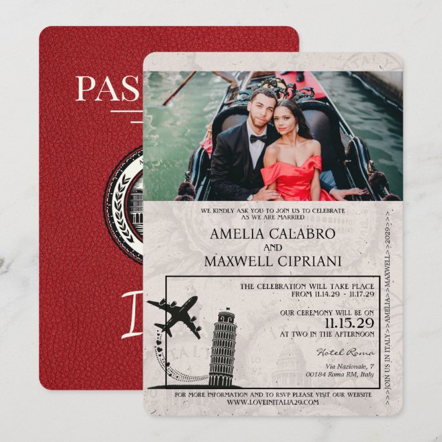 Faire-part de mariage de passeport de l'Italie rou (Devant / Derrière)