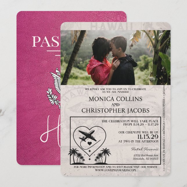 Faire-part de mariage de passeport de Magenta Pink (Devant / Derrière)