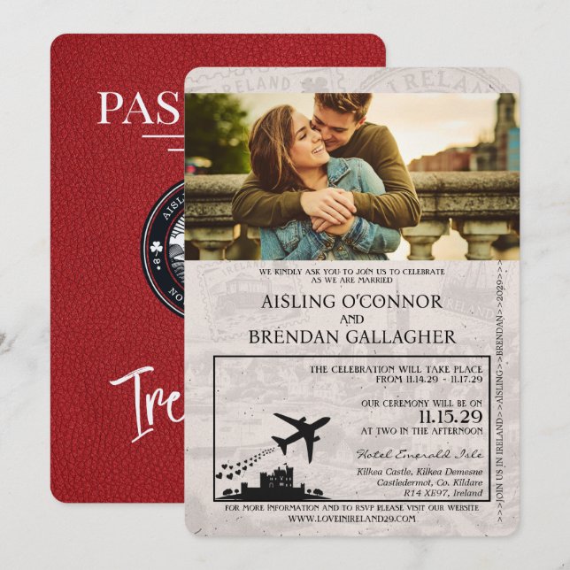 Faire-part de mariage de passeport d'Irlande rouge (Devant / Derrière)