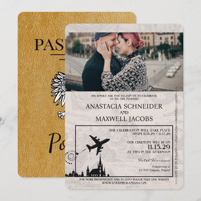 Faire-part de mariage de passeport Gold Pologne (Devant / Derrière)