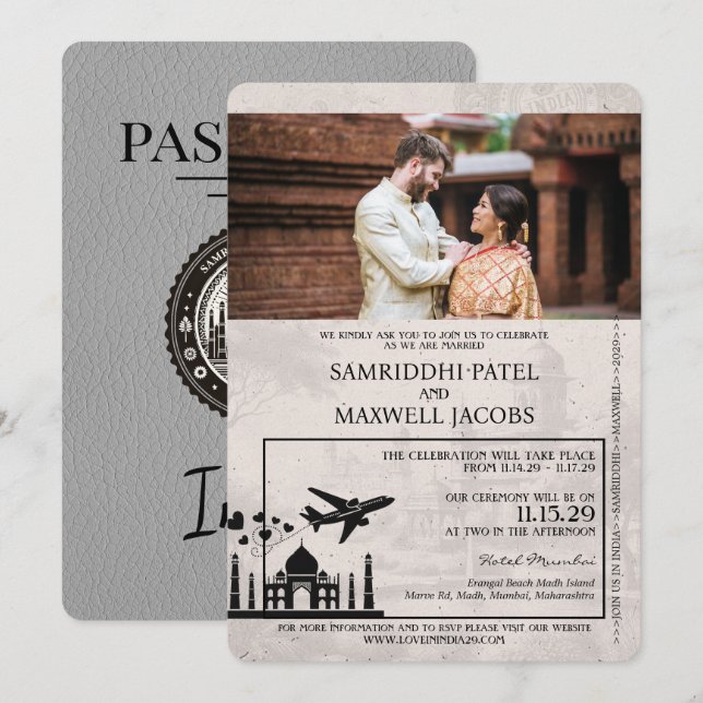 Faire-part de mariage de passeport gris Inde (Devant / Derrière)