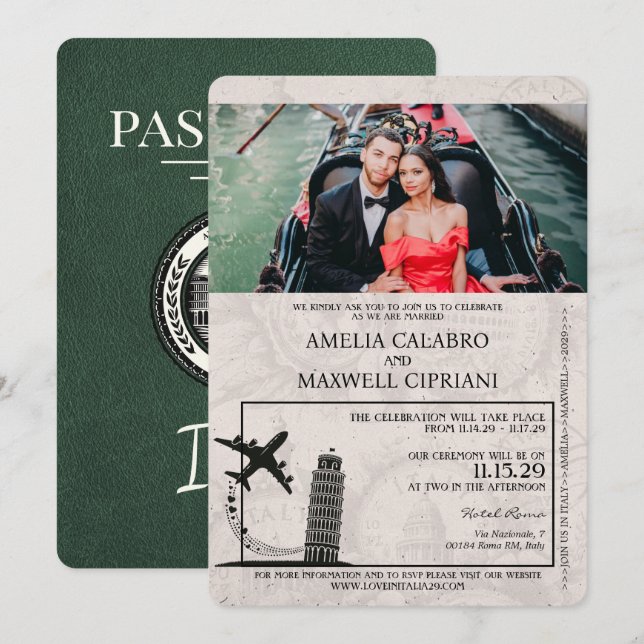 Faire-part de mariage de passeport Italie verte (Devant / Derrière)