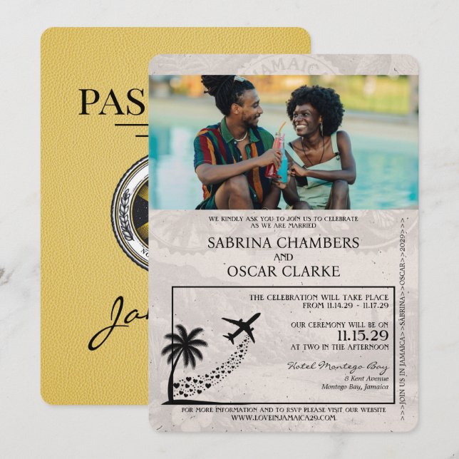 Faire-part de mariage de passeport Jamaïque jaune (Devant / Derrière)