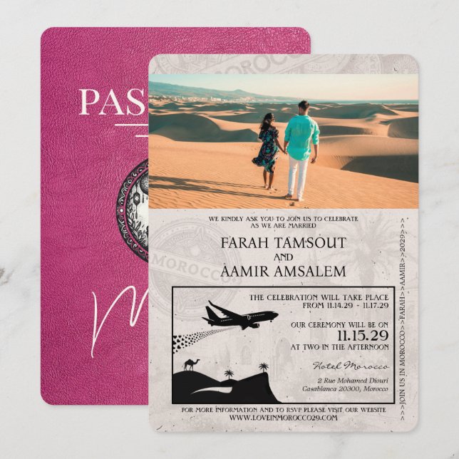Faire-part de mariage de Passeport Magenta Pink Ma (Devant / Derrière)