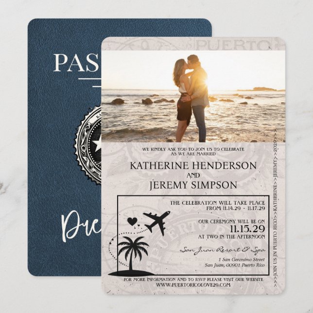 Faire-part de mariage de passeport Navy Blue Porto (Devant / Derrière)