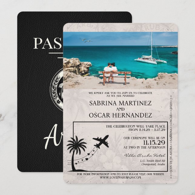 Faire-part de mariage de passeport noir Aruba (Devant / Derrière)