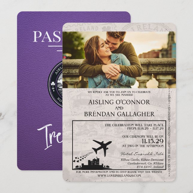 Faire-part de mariage de passeport Purple Irlande (Devant / Derrière)