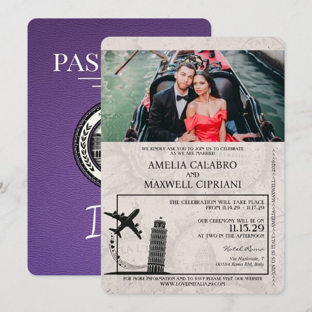 Faire-part de mariage de passeport Purple Italie (Devant / Derrière)