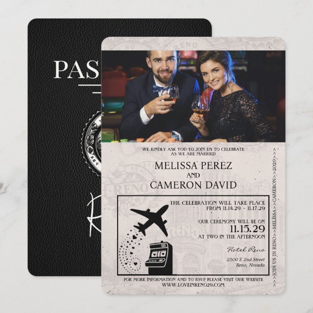 Faire-part de mariage de passeport Reno noir (Devant / Derrière)