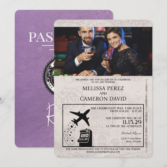Faire-part de mariage de passeport Reno violet Lav (Devant / Derrière)