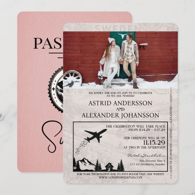 Faire-part de mariage de passeport rose Suède (Devant / Derrière)