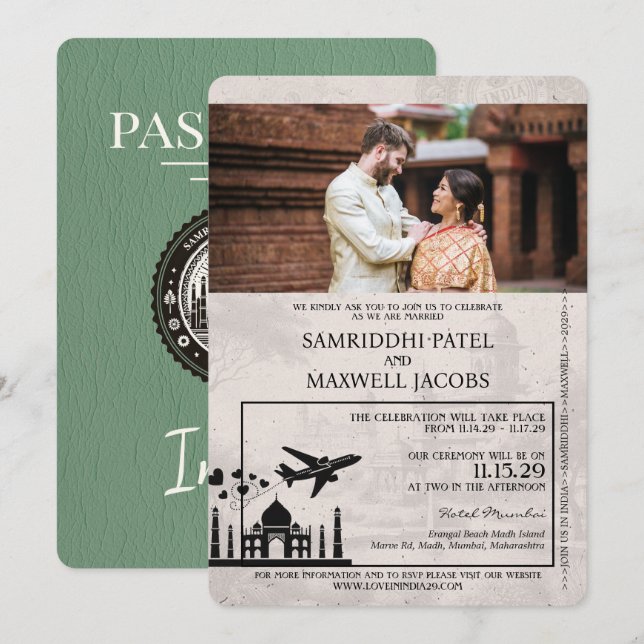 Faire-part de mariage de passeport Sage Green Indi (Devant / Derrière)